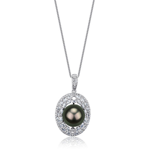 Tahitian black pearl pendant necklace with diamond halo on a silver chain
