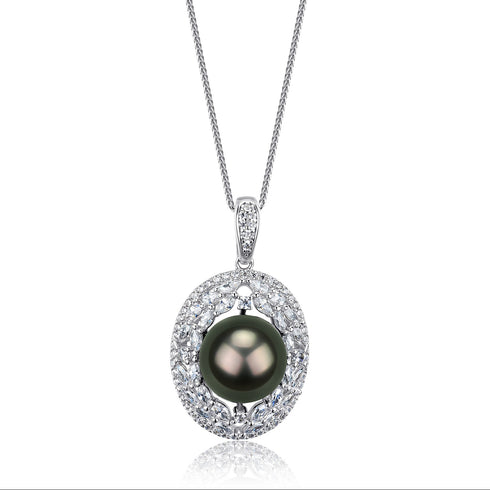 Tahitian black pearl pendant necklace with diamond halo on a silver chain