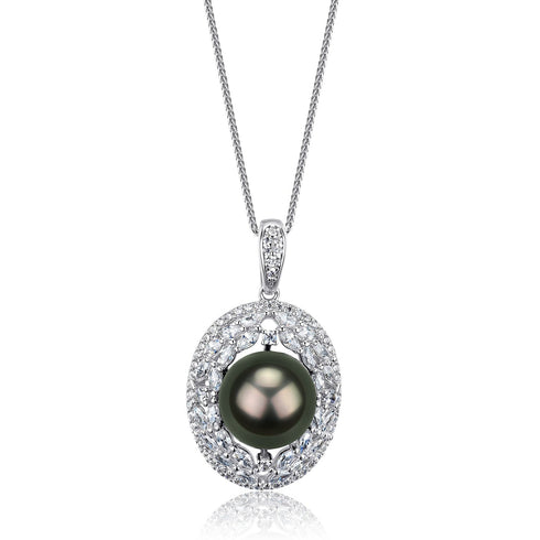 Tahitian black pearl pendant necklace with diamond halo on a silver chain