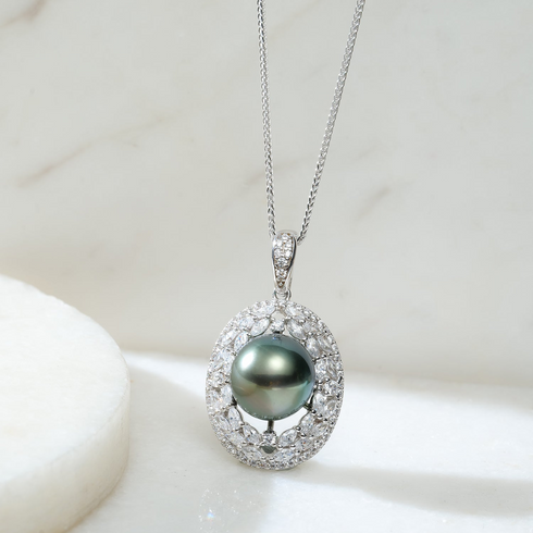 Tahitian Pearl Oval Halo Pendant Necklace with green Tahitian pearl and diamond halo in silver, House of Pearls - MZ