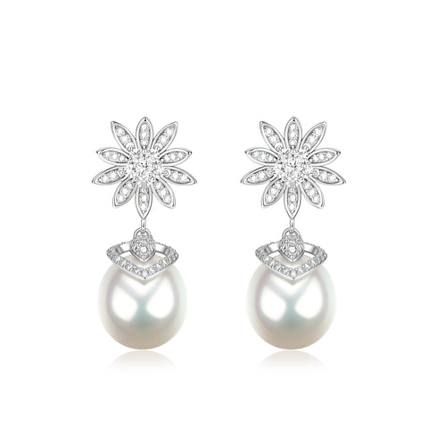 Earrings: pair of silver-tone flower diamond earrings with pearl drop, House Of Pearls