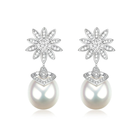 Earrings: pair of silver-tone flower diamond earrings with pearl drop, House Of Pearls