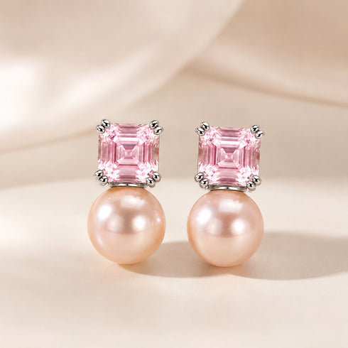 Earrings: pair of 10–11mm freshwater peach pearl pink cube stud earrings.