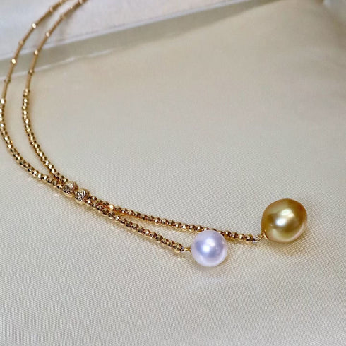 Necklace: Akoya & Golden South Sea double pearls (lavender & golden) on 18K gold chain, House of Pearls - TA