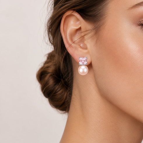 10-11mm Freshwater Peach Pearl Pink Cube Stud Earrings