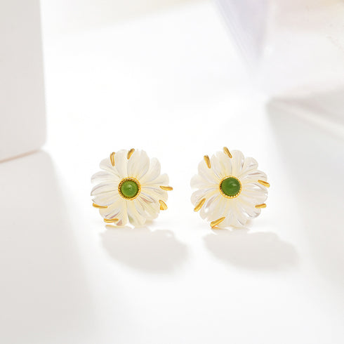 Daisy Shell and Green Jade Pearl Earrings - Earrings made with hand-selected pearls from House of Pearls