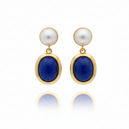 Dark Blue Lapis Lazuli and Pearl Drop Earrings - Earrings made with hand-selected pearls from House of Pearls