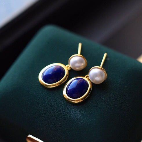 Dark Blue Lapis Lazuli and Pearl Drop Earrings - Earrings made with hand-selected pearls from House of Pearls