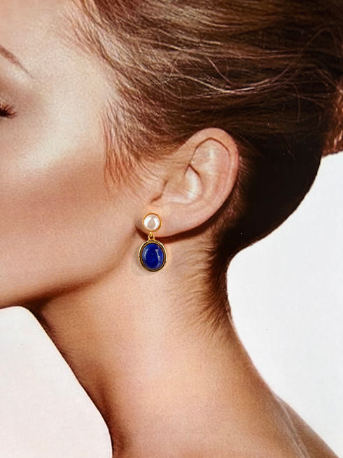 Dark Blue Lapis Lazuli and Pearl Drop Earrings - Earrings made with hand-selected pearls from House of Pearls