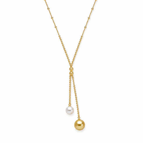 Akoya & Golden South Sea Double Pearl Y Necklace in 18K Gold with two hanging pearls on a gold chain