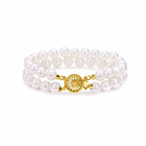 Double-strand white freshwater pearl bracelet, 7.5-8.0 mm, with gold clasp