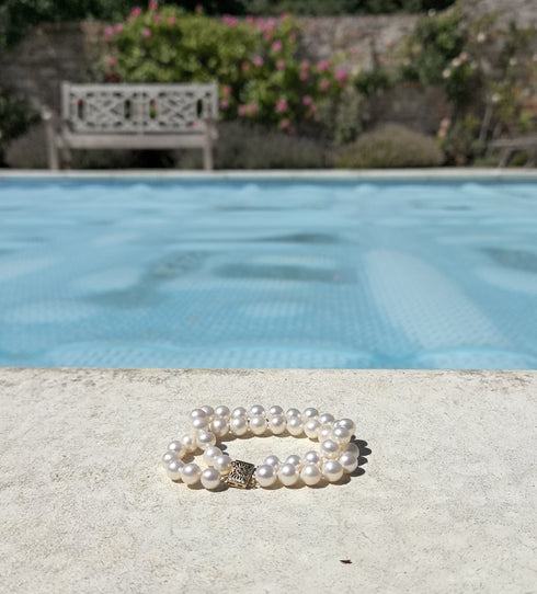 Double Strand White Freshwater Pearl Bracelet, 7.5–8.0 mm, ornate clasp