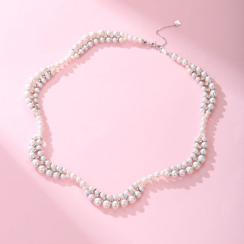 Necklace: double strand white freshwater pearl and zirconia with silver-tone settings
