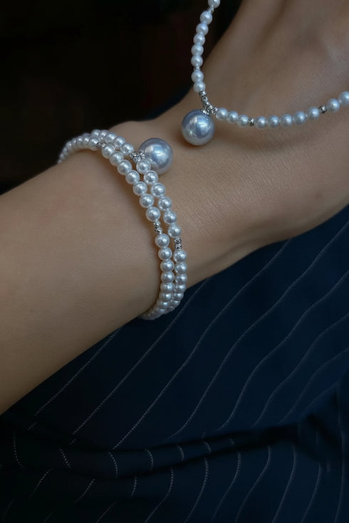 Bracelets: Aurora Freshwater Pearl Double Chain Bracelet by House Of Pearls - TA, multi-strand pearl with silver spacers