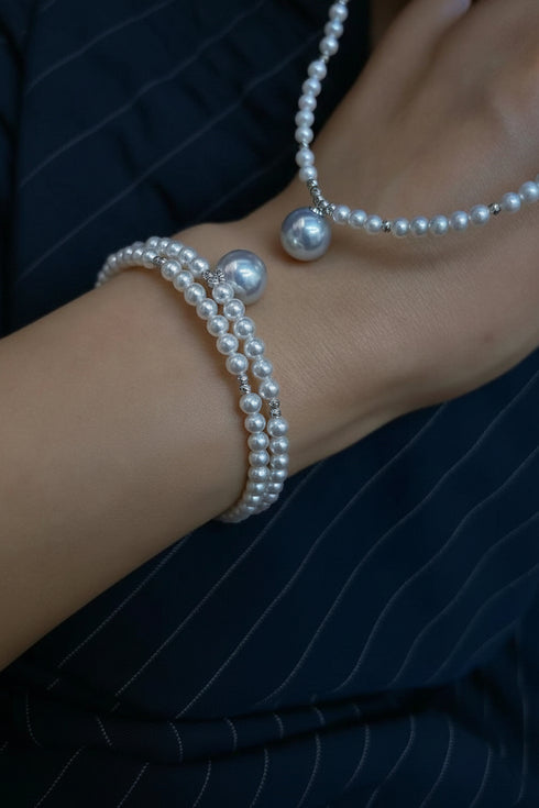 Bracelets: Aurora Freshwater Pearl Double Chain Bracelet by House Of Pearls - TA, multi-strand pearl with silver spacers