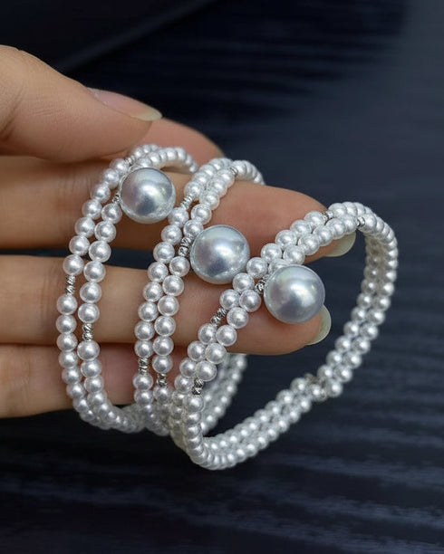 Aurora freshwater pearl double-chain bracelet with silver-white pearl beads and seed beads
