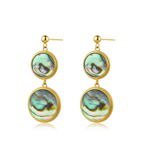 Abalone shell drop earrings, gold-tone chain-link with iridescent discs, pair