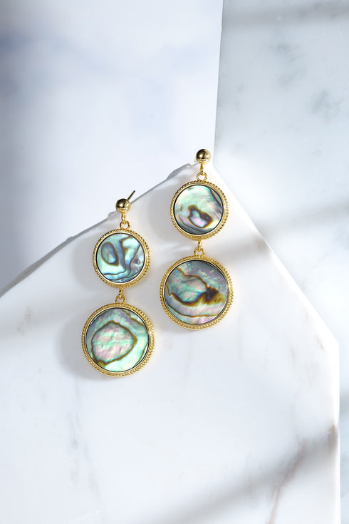 Abalone shell gold-tone drop earrings set; iridescent shell discs linked in a chandelier design (pair)