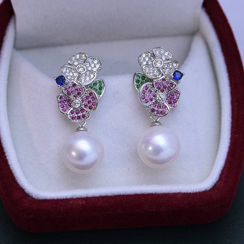 10-11mm Freshwater Pearl & Color Floral Earrings - Earrings made with hand-selected pearls from House of Pearls