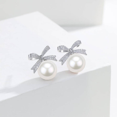10-11mm Freshwater Pearl CZ Bowknot Earrings - House Of Pearls