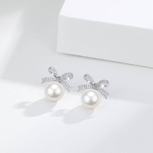 10-11mm Freshwater Pearl CZ Bowknot Earrings - House Of Pearls