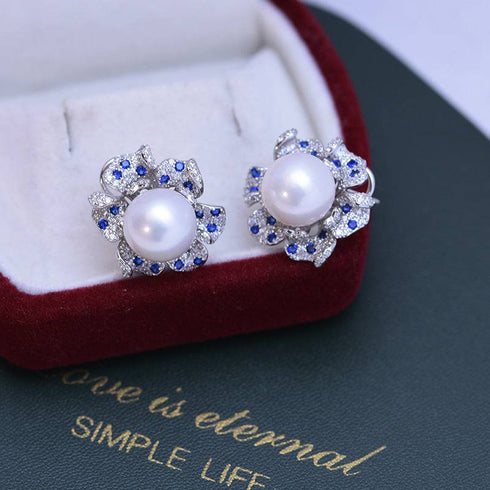 10-11mm Freshwater Pearl CZ Flower Earrings - House Of Pearls