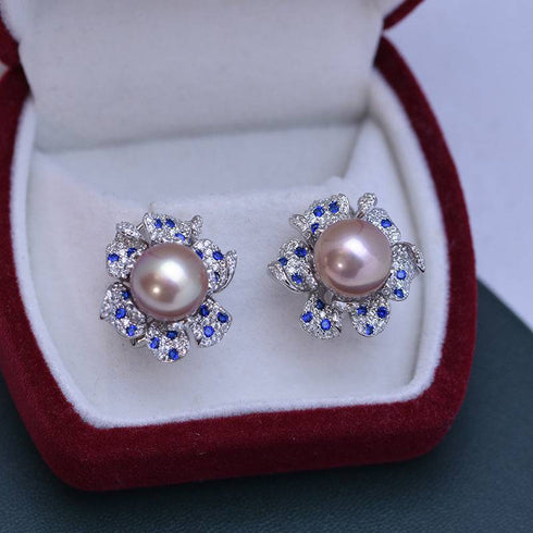 10-11mm Freshwater Pearl CZ Flower Earrings - House Of Pearls