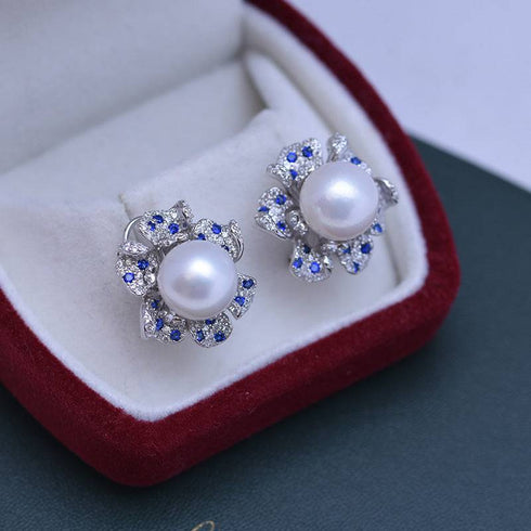 10-11mm Freshwater Pearl CZ Flower Earrings - House Of Pearls