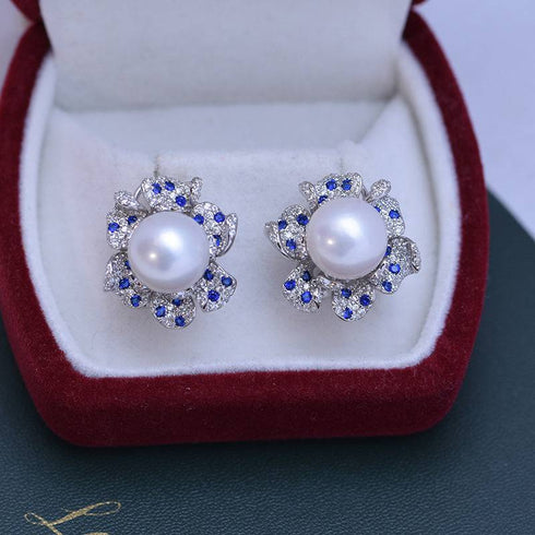 10-11mm Freshwater Pearl CZ Flower Earrings - House Of Pearls