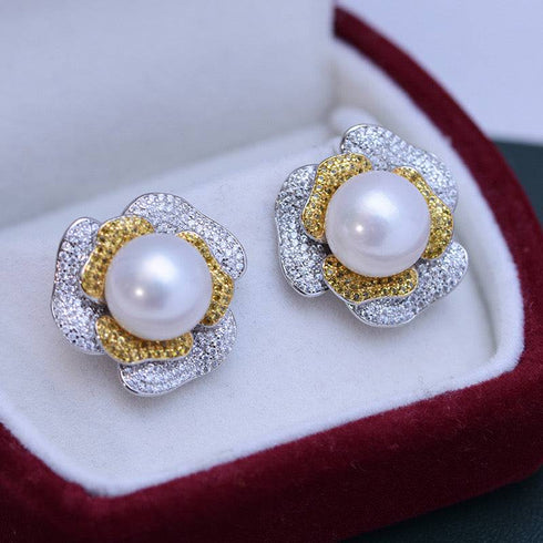10-11mm Freshwater Pearl & Large Rose CZ Earrings - House Of Pearls