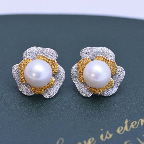 10-11mm Freshwater Pearl & Large Rose CZ Earrings - House Of Pearls