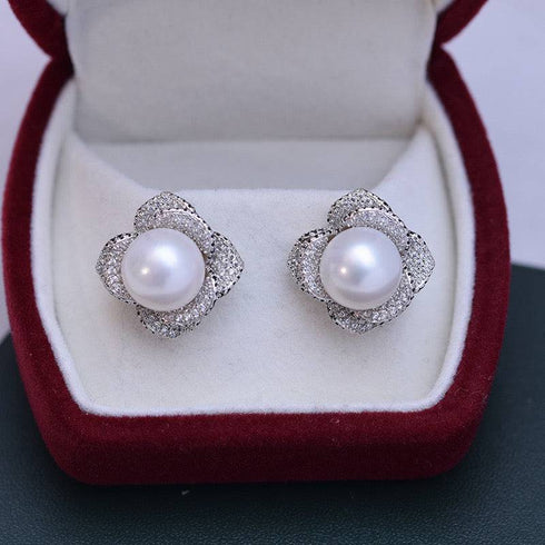 10-11mm Freshwater Pearl & Miya CZ Floral Earrings - House Of Pearls