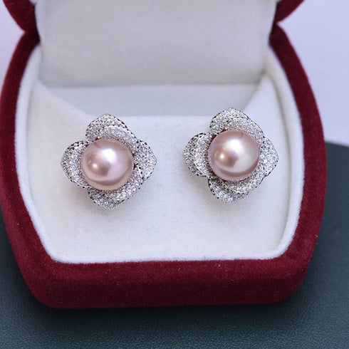 10-11mm Freshwater Pearl & Miya CZ Floral Earrings - House Of Pearls