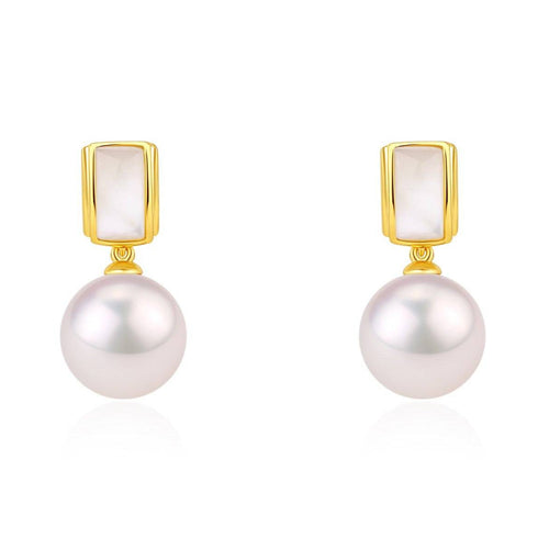 Pair of gold-tone pearl drop earrings with a rectangular mother-of-pearl top and 10-11mm freshwater pearls.