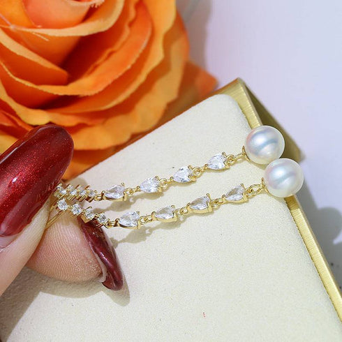 10-11mm Freshwater Pearl & Sparkling Long Freshwater Pearl Earrings - House Of Pearls