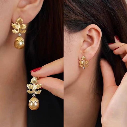 10-11mm Golden South Sea Baroque Pearl & Maple Leaf Earrings - House Of Pearls