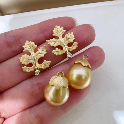 10-11mm Golden South Sea Baroque Pearl & Maple Leaf Earrings - House Of Pearls
