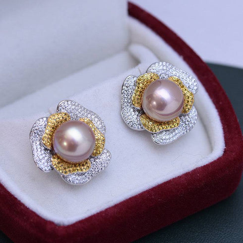 10-11mm Freshwater Pearl & Large Rose CZ Earrings - House Of Pearls