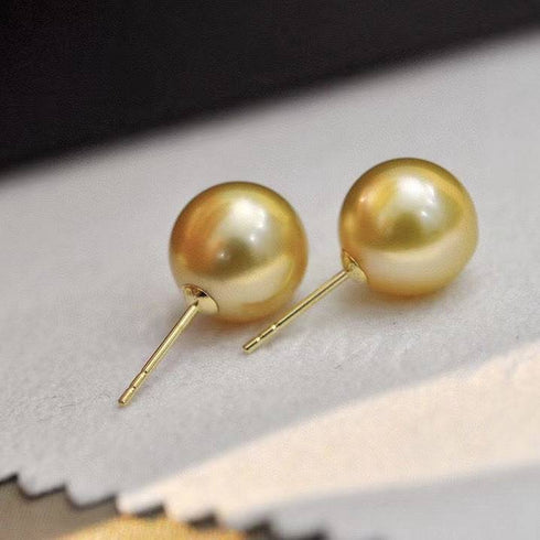 10-12mm 18K Gold Golden South Sea Pearl & Classic Earrings - House Of Pearls