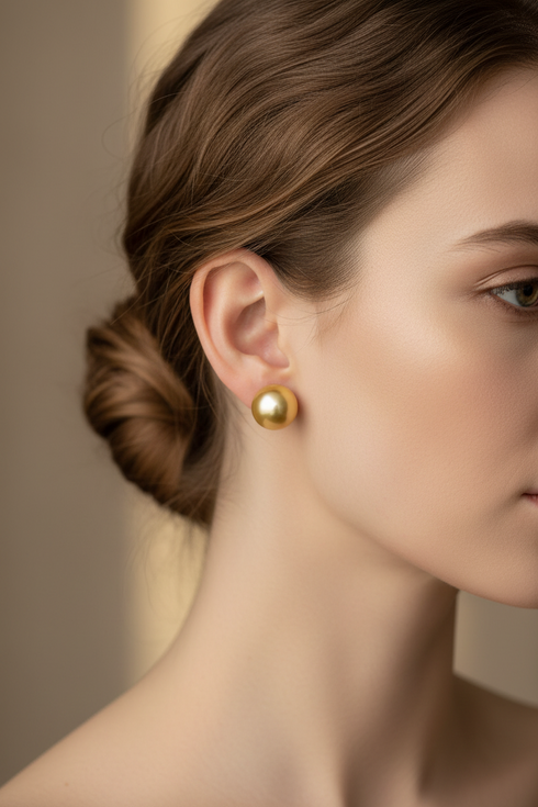 Earrings: 18K gold South Sea pearl studs, 10–12mm golden pearls.
