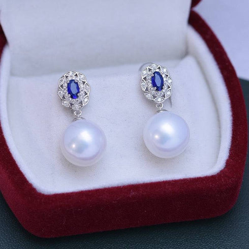 11-12mm Freshwater Pearl & Blue Gem Earrings - House Of Pearls