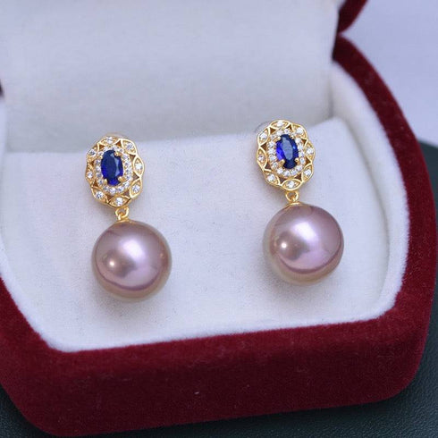 11-12mm Freshwater Pearl & Blue Gem Earrings - House Of Pearls