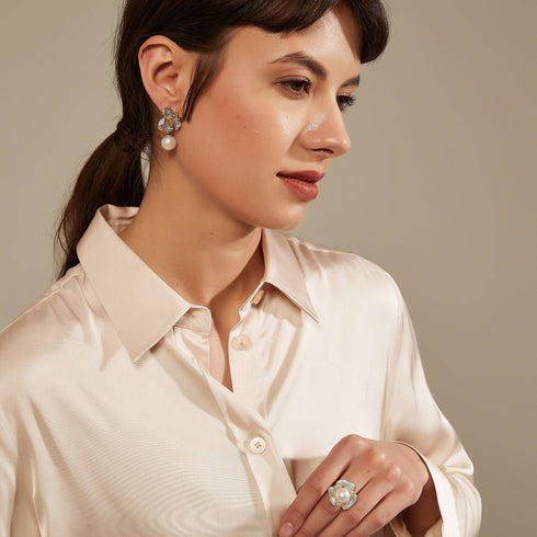 11-12mm Freshwater Pearl & Floral Deluxe Earrings - House Of Pearls