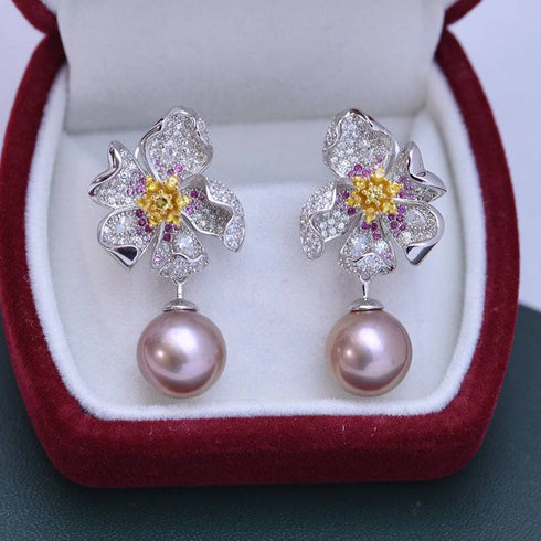 11-12mm Freshwater Pearl & Floral Deluxe Earrings - House Of Pearls