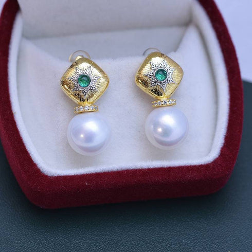 11-12mm Freshwater Pearl & Vintage Green Earrings - House Of Pearls