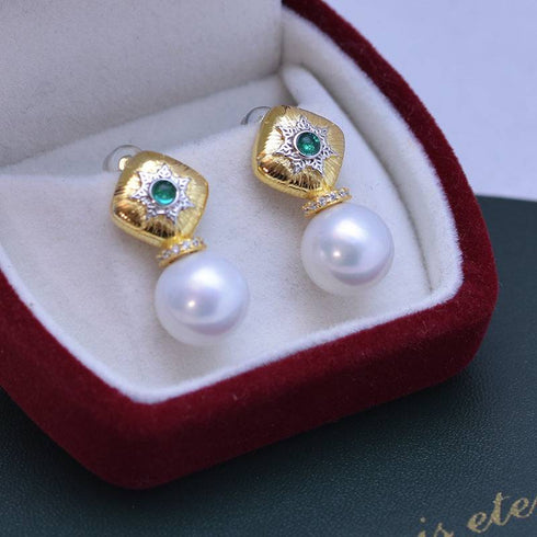 11-12mm Freshwater Pearl & Vintage Green Earrings - House Of Pearls