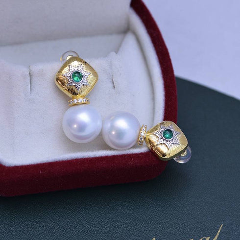 11-12mm Freshwater Pearl & Vintage Green Earrings - House Of Pearls