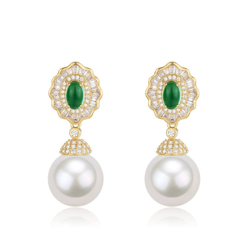 11-12mm Pearl CZ Green Gems Earrings - House Of Pearls