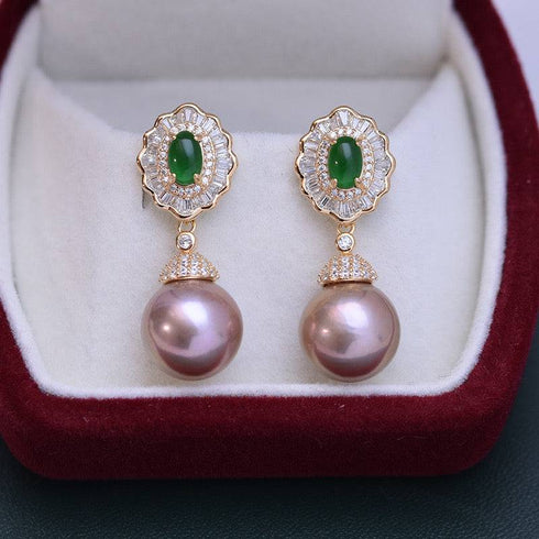 11-12mm Pearl CZ Green Gems Earrings - House Of Pearls