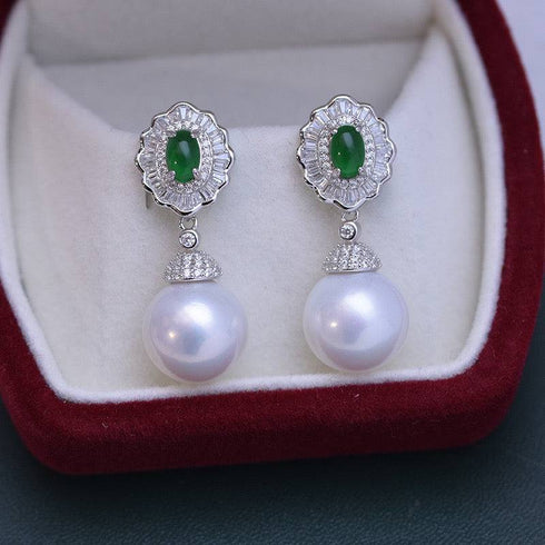 11-12mm Pearl CZ Green Gems Earrings - House Of Pearls